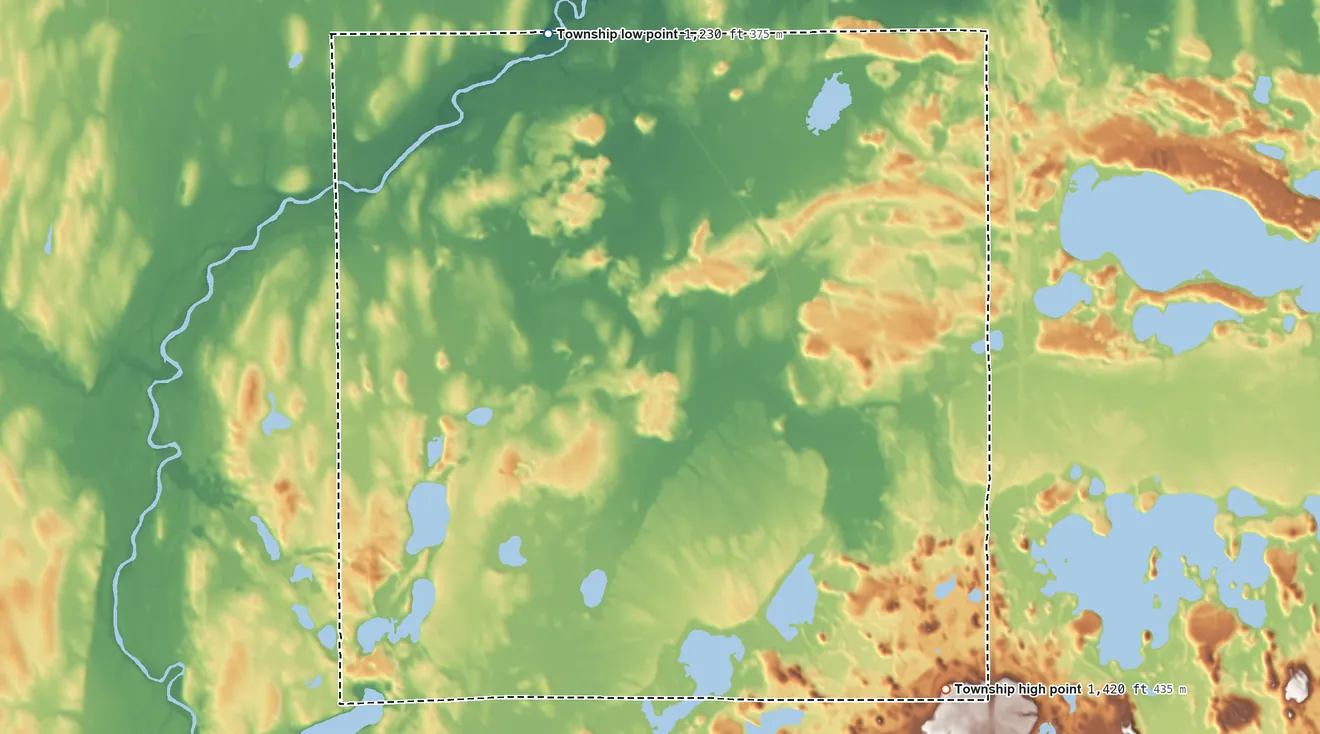 Topographic elevation map of Fawn Lake Township, Minnesota, shaded from 1,230 ft on the north side to 1,420 ft on the southeast side