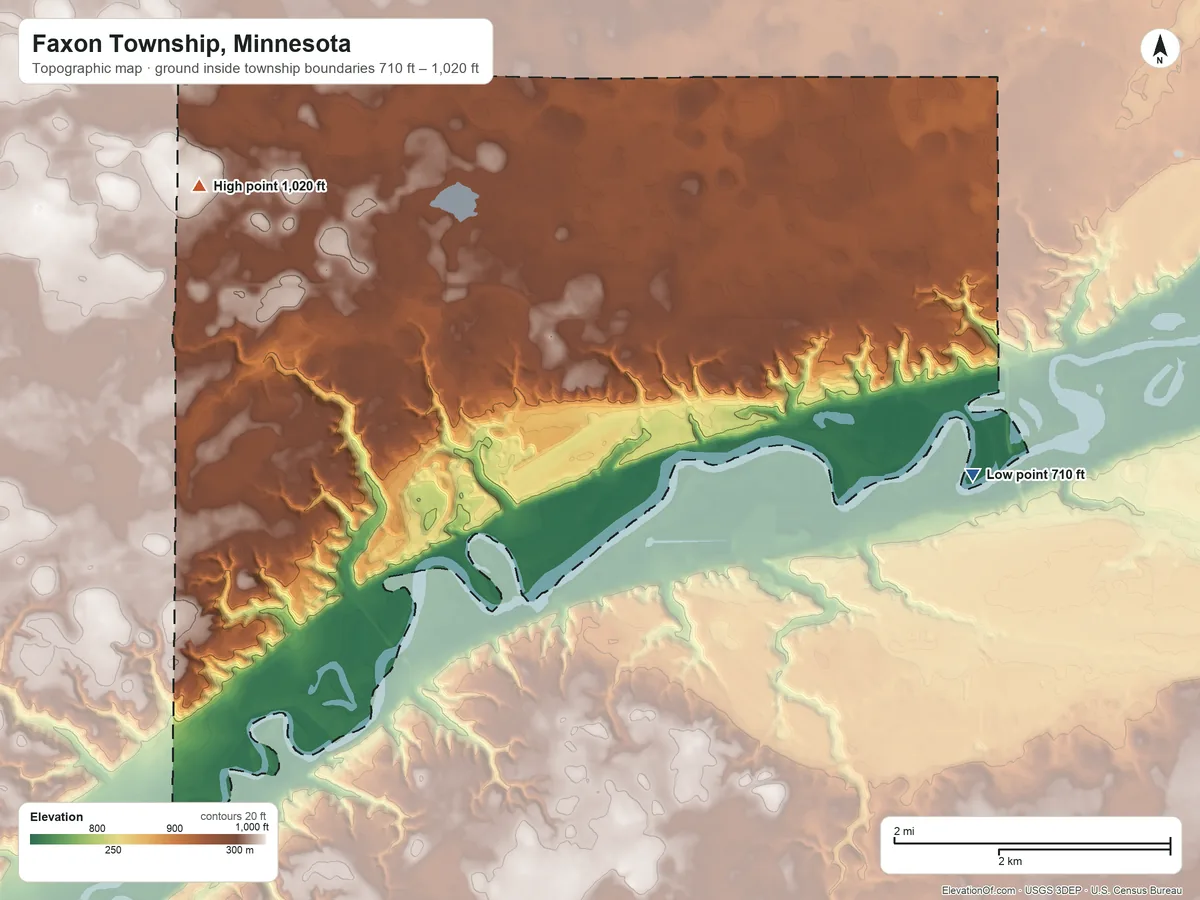Topographic elevation map of Faxon Township, Minnesota, shaded from 710 ft on the east side to 1,020 ft on the northwest side