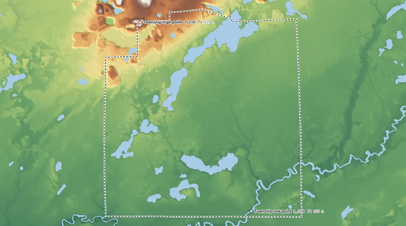 Topographic elevation map of Fayal Township, Minnesota, shaded from 1,320 ft on the southeast side to 1,690 ft on the northwest side