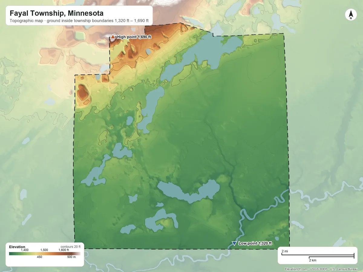 Topographic elevation map of Fayal Township, Minnesota, shaded from 1,320 ft on the southeast side to 1,690 ft on the northwest side