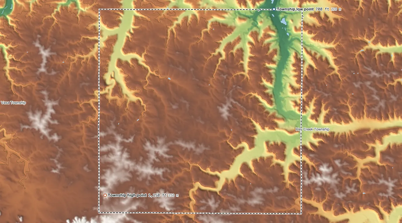 Topographic elevation map of Featherstone Township, Minnesota, shaded from 700 ft on the north side to 1,150 ft on the southwest side
