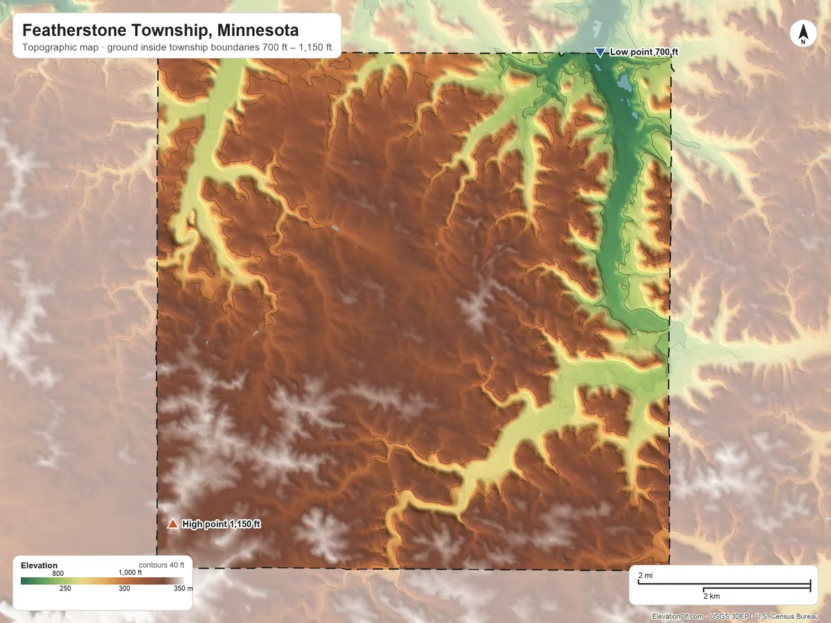 Topographic elevation map of Featherstone Township, Minnesota, shaded from 700 ft on the north side to 1,150 ft on the southwest side