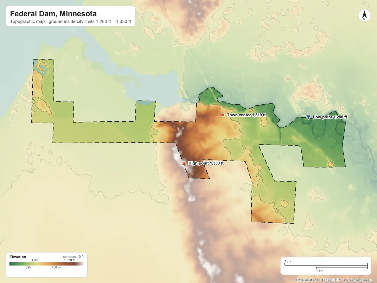 Topographic elevation map of Federal Dam, Minnesota, shaded from 1,280 ft on the east side to 1,330 ft on the southwest side