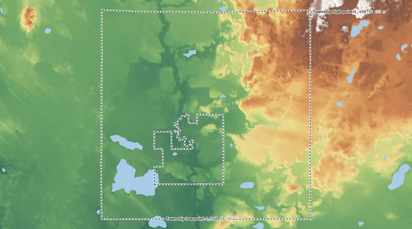 Topographic elevation map of Feeley Township, Minnesota, shaded from 1,260 ft on the south side to 1,490 ft on the northeast side