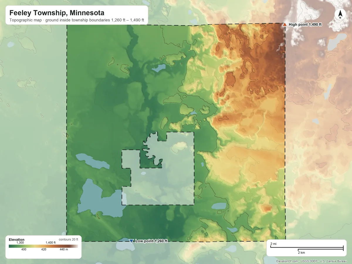 Topographic elevation map of Feeley Township, Minnesota, shaded from 1,260 ft on the south side to 1,490 ft on the northeast side