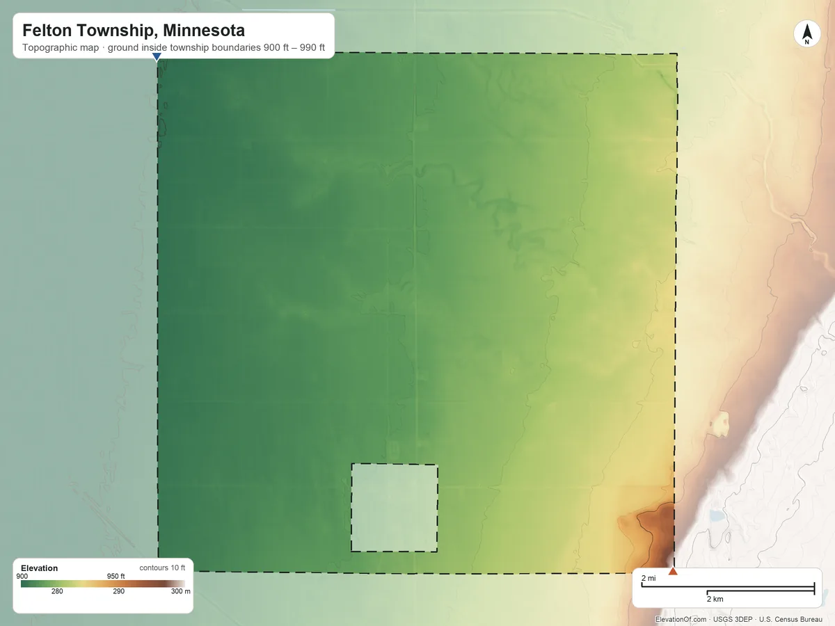 Topographic elevation map of Felton Township, Minnesota, shaded from 900 ft on the northwest side to 990 ft on the southeast side