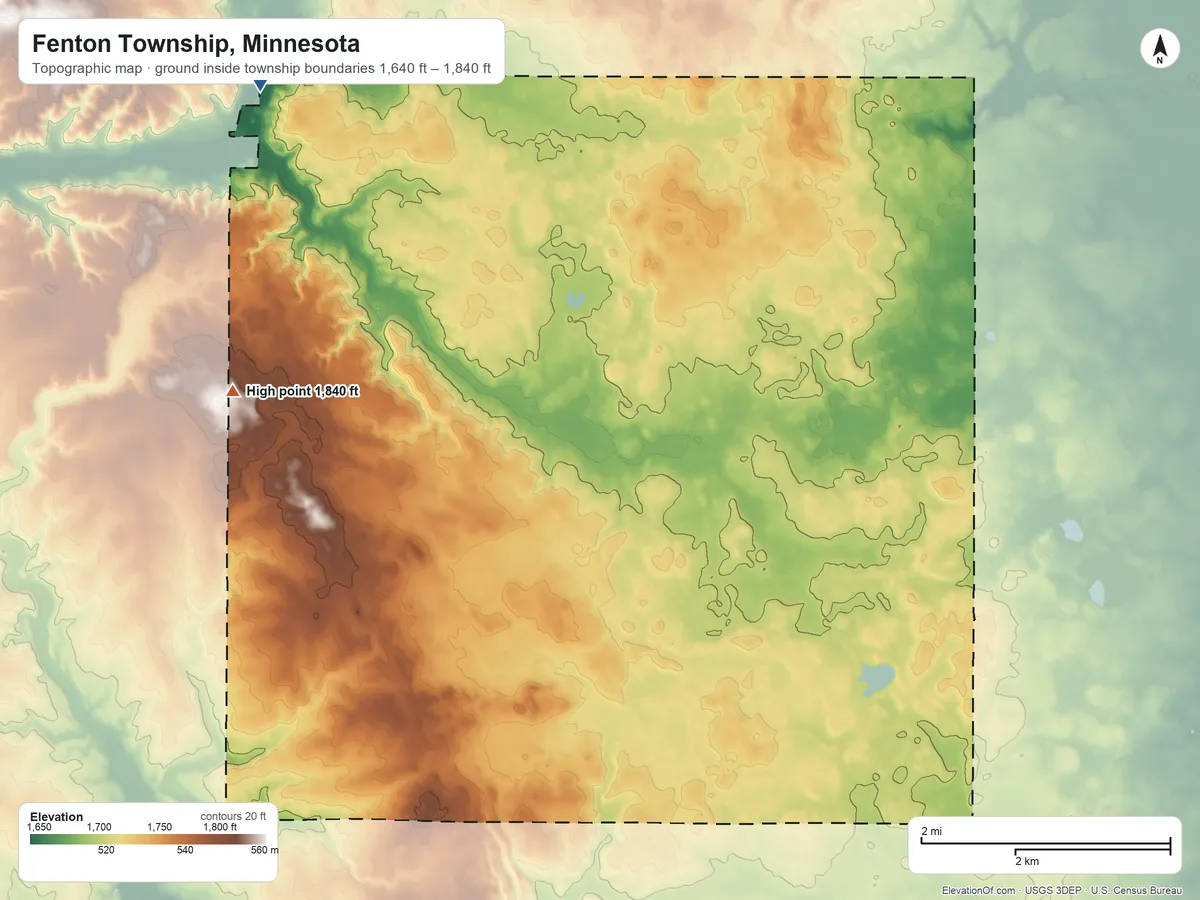 Topographic elevation map of Fenton Township, Minnesota, shaded from 1,640 ft on the northwest side to 1,840 ft on the west side