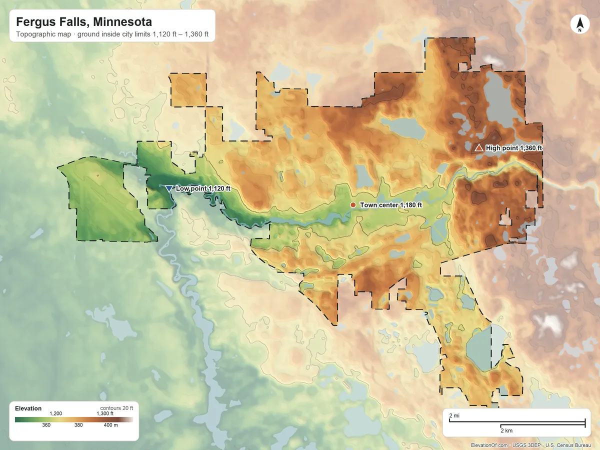 Topographic elevation map of Fergus Falls, Minnesota, shaded from 1,120 ft on the west side to 1,360 ft on the northeast side