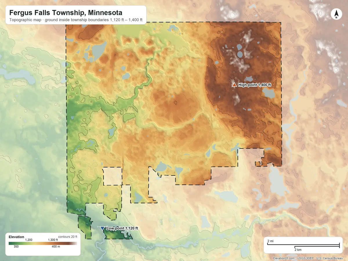 Topographic elevation map of Fergus Falls Township, Minnesota, shaded from 1,120 ft on the southwest side to 1,400 ft on the northeast side