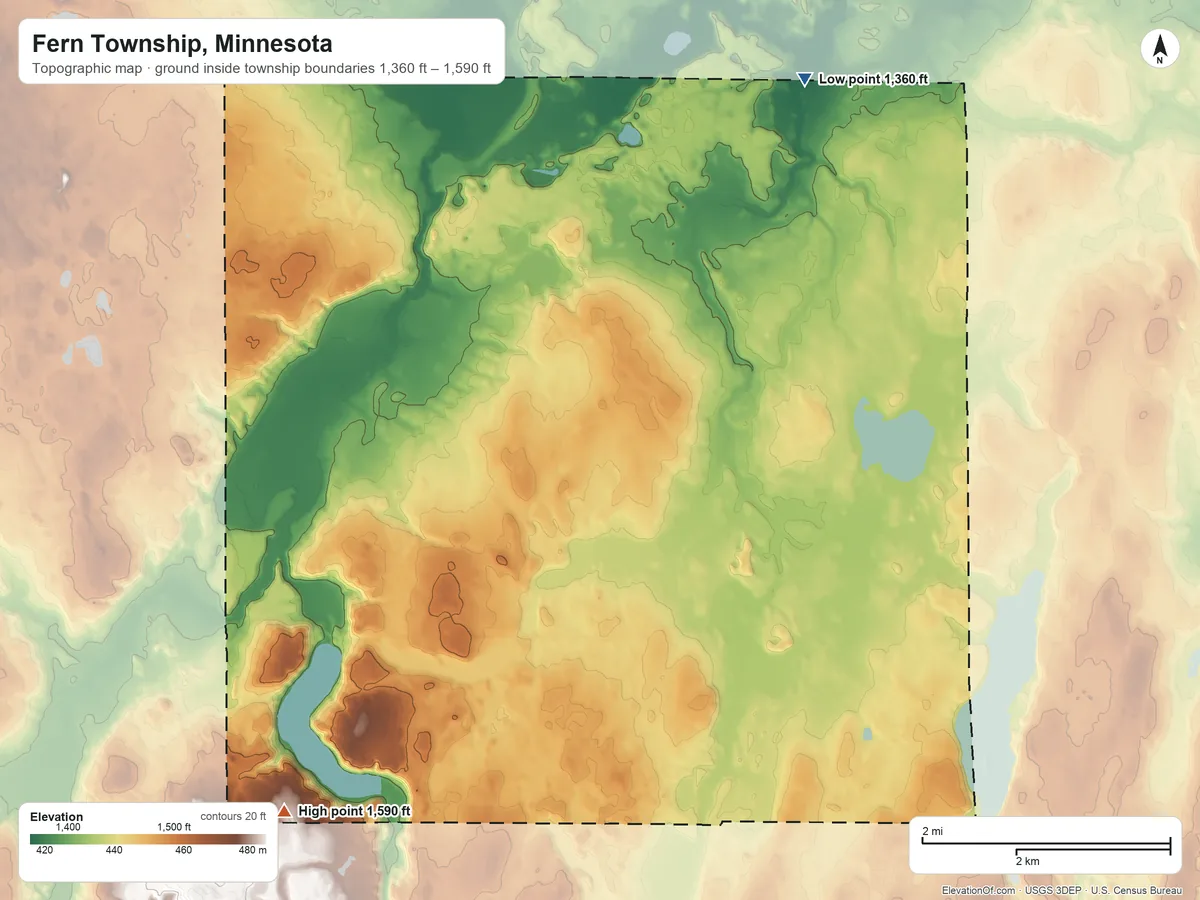 Topographic elevation map of Fern Township, Minnesota, shaded from 1,360 ft on the north side to 1,590 ft on the southwest side
