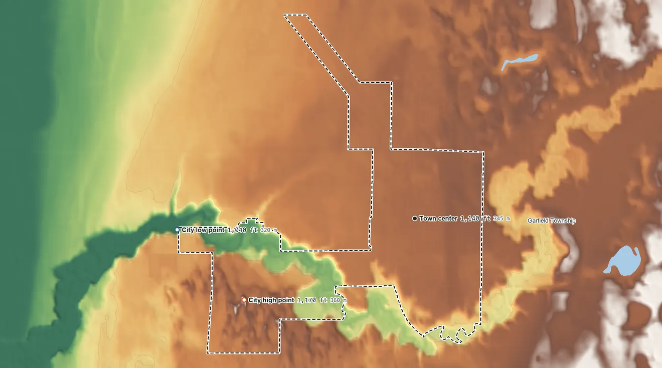 Topographic elevation map of Fertile, Minnesota, shaded from 1,040 ft on the west side to 1,170 ft on the southwest side