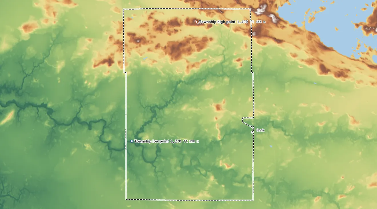 Topographic elevation map of Field Township, Minnesota, shaded from 1,270 ft on the west side to 1,490 ft on the north side