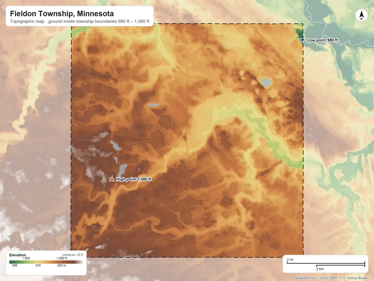 Topographic elevation map of Fieldon Township, Minnesota, shaded from 980 ft on the northeast side to 1,080 ft on the southwest side
