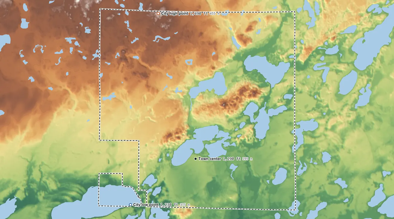 Topographic elevation map of Fifty Lakes, Minnesota, shaded from 1,230 ft on the southwest side to 1,490 ft on the north side