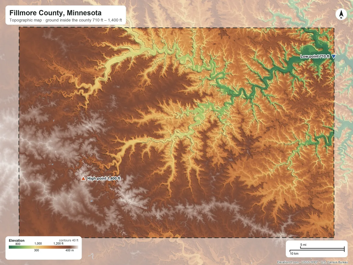 Topographic elevation map of Fillmore County, Minnesota, shaded from 710 ft on the northeast side to 1,400 ft on the southwest side