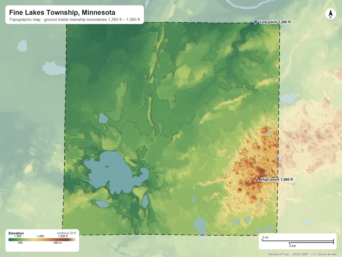 Topographic elevation map of Fine Lakes Township, Minnesota, shaded from 1,260 ft on the northeast side to 1,560 ft on the east side