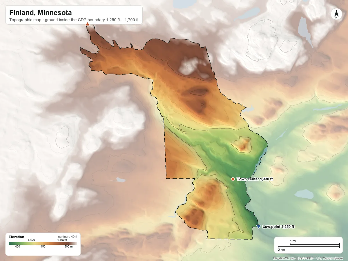 Topographic elevation map of Finland, Minnesota, shaded from 1,250 ft on the southeast side to 1,700 ft on the northwest side