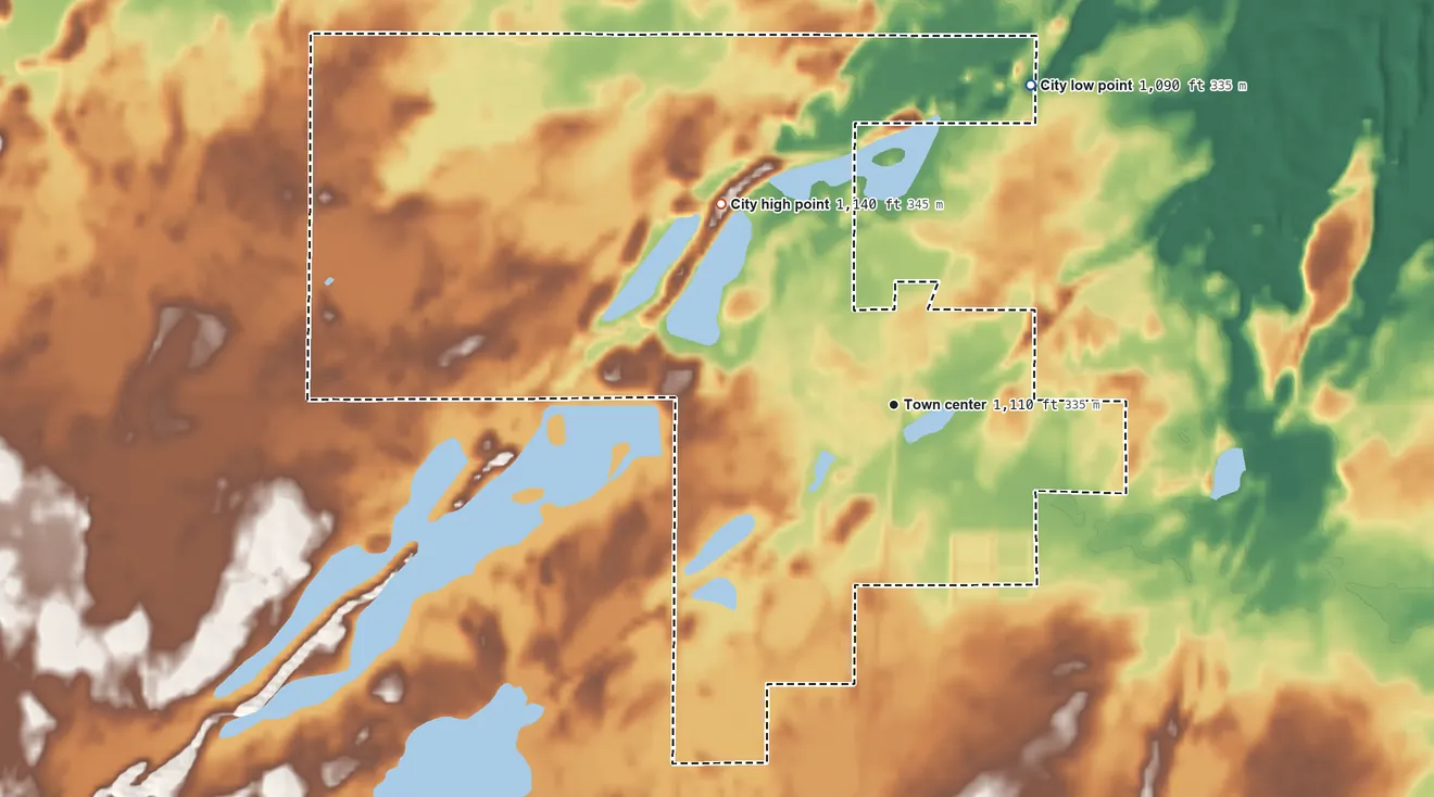 Topographic elevation map of Finlayson, Minnesota, shaded from 1,090 ft on the northeast side to 1,140 ft on the northwest side