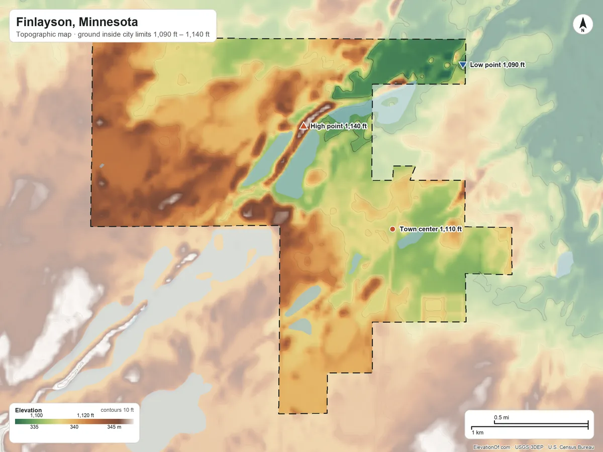 Topographic elevation map of Finlayson, Minnesota, shaded from 1,090 ft on the northeast side to 1,140 ft on the northwest side
