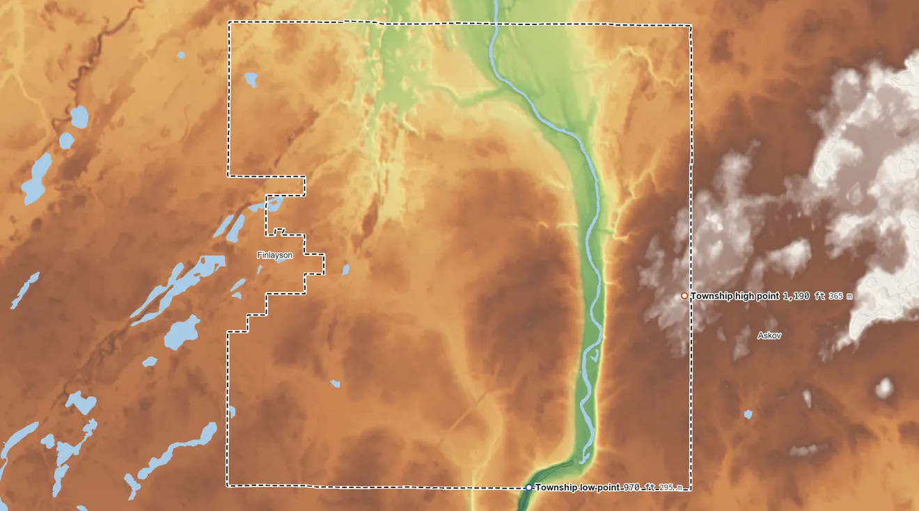 Topographic elevation map of Finlayson Township, Minnesota, shaded from 970 ft on the southeast side to 1,190 ft on the east side