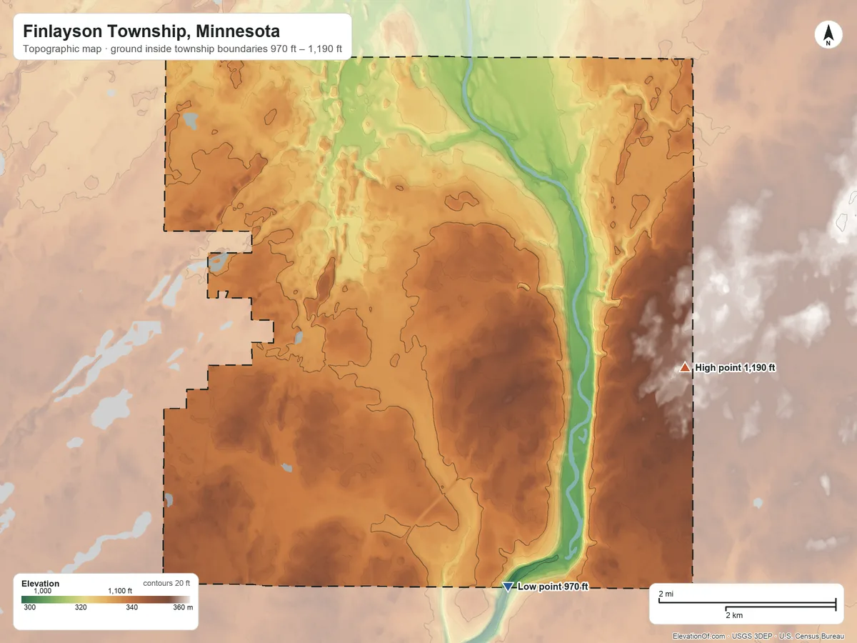 Topographic elevation map of Finlayson Township, Minnesota, shaded from 970 ft on the southeast side to 1,190 ft on the east side