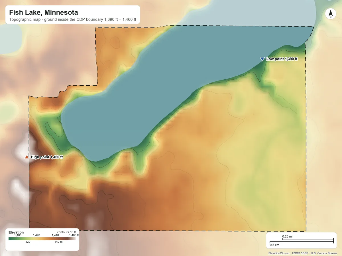 Topographic elevation map of Fish Lake, Minnesota, shaded from 1,390 ft on the northeast side to 1,460 ft on the west side