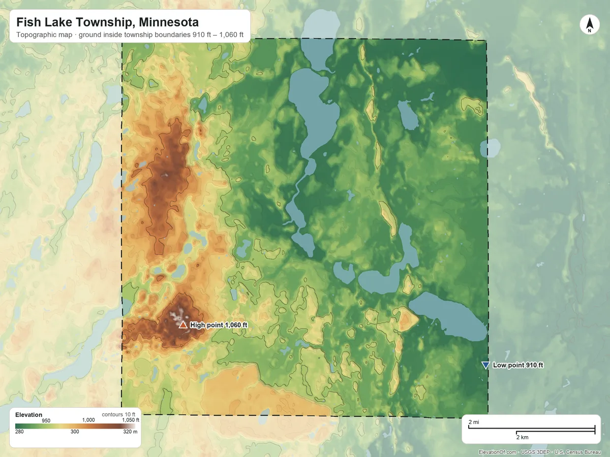 Topographic elevation map of Fish Lake Township, Minnesota, shaded from 910 ft on the southeast side to 1,060 ft on the southwest side