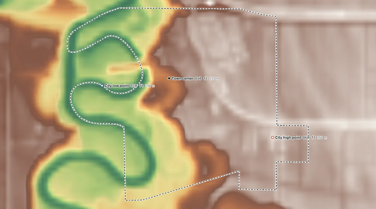 Topographic elevation map of Fisher, Minnesota, shaded from 810 ft on the west side to 860 ft on the southeast side