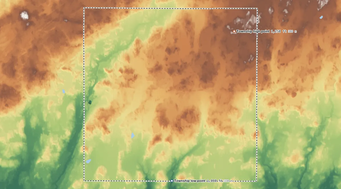 Topographic elevation map of Fleming Township, Pine County, Minnesota, shaded from 1,080 ft on the south side to 1,250 ft on the east side