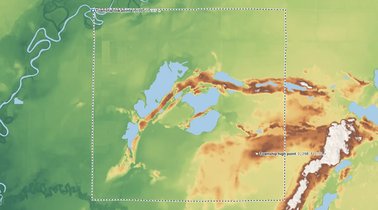 Topographic elevation map of Fleming Township, Minnesota, shaded from 1,200 ft on the northwest side to 1,290 ft on the southeast side