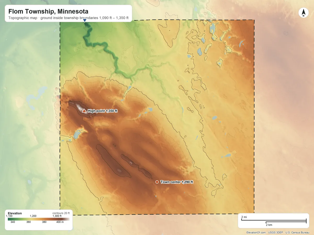 Topographic elevation map of Flom Township, Minnesota, shaded from 1,090 ft on the northwest side to 1,350 ft on Frenchmans Bluff