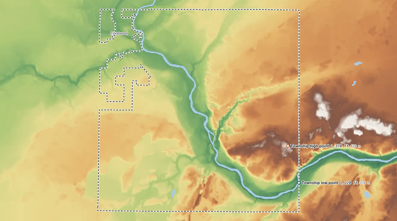 Topographic elevation map of Floodwood Township, Minnesota, shaded from 1,220 ft on the southeast side to 1,370 ft on the southeast side