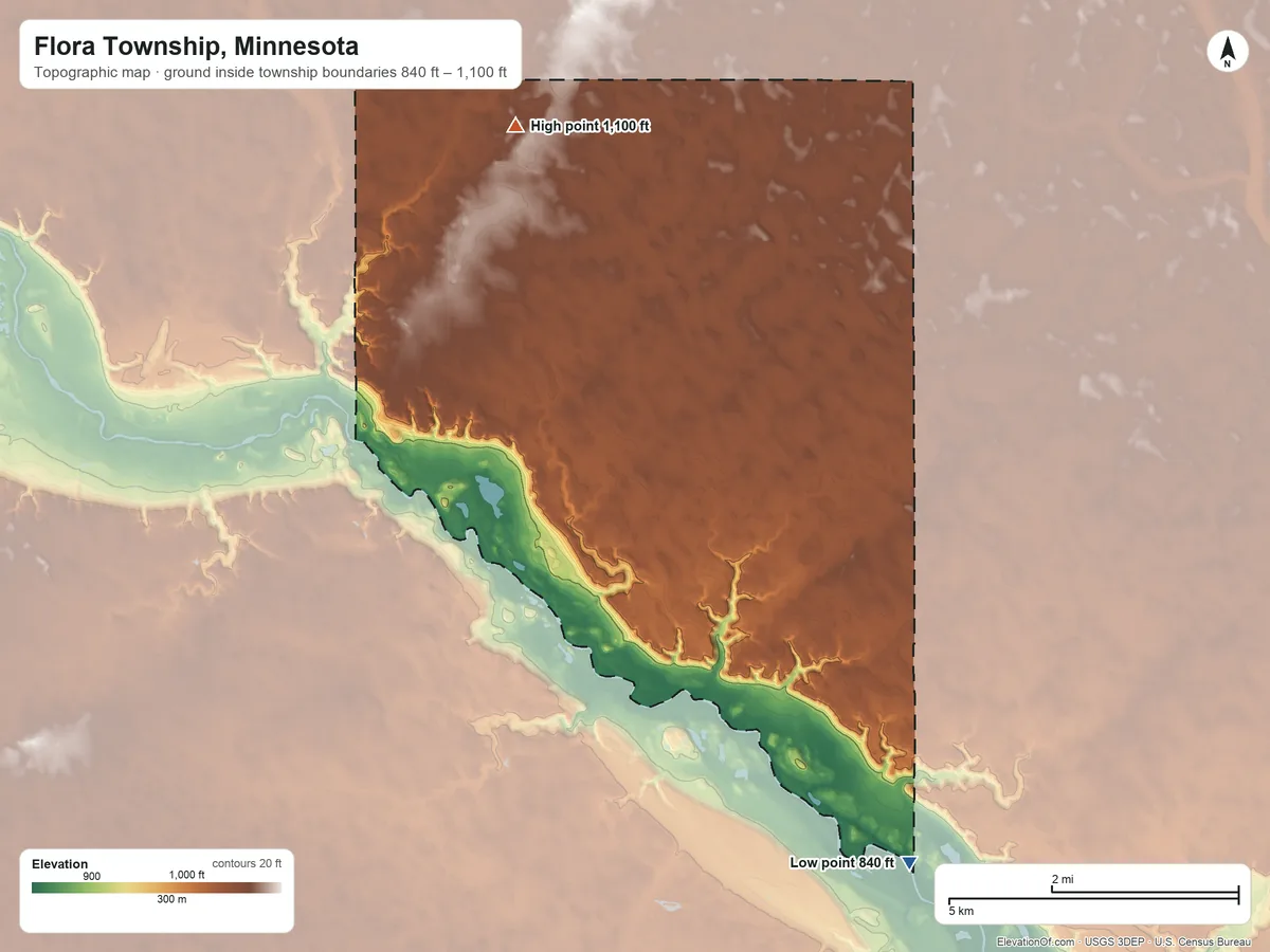 Topographic elevation map of Flora Township, Minnesota, shaded from 840 ft on the southeast side to 1,100 ft on the northwest side