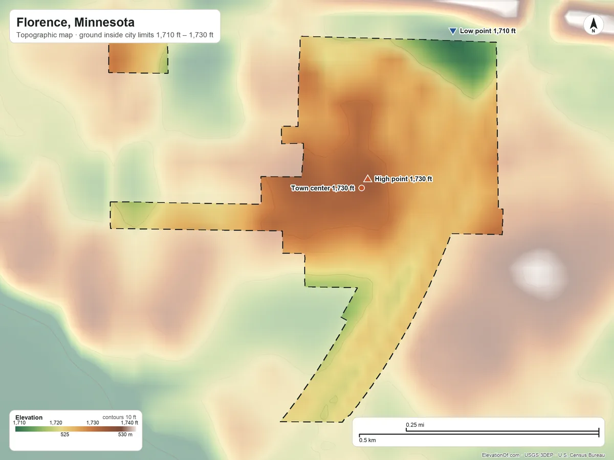 Topographic elevation map of Florence, Minnesota, shaded from 1,710 ft on the northeast side to 1,730 ft near the middle