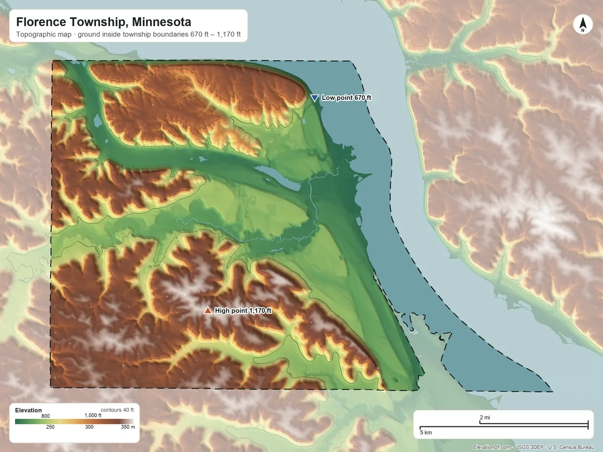 Topographic elevation map of Florence Township, Minnesota, shaded from 670 ft on the north side to 1,170 ft on the southwest side