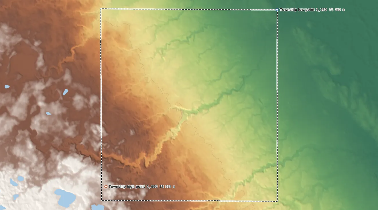 Topographic elevation map of Florida Township, Minnesota, shaded from 1,180 ft on the northeast side to 1,690 ft on the southwest side