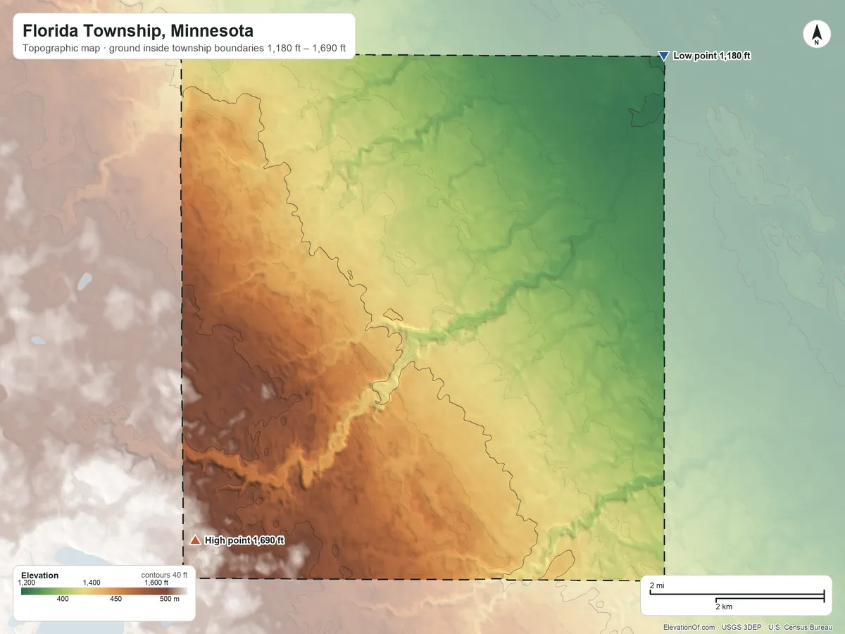 Topographic elevation map of Florida Township, Minnesota, shaded from 1,180 ft on the northeast side to 1,690 ft on the southwest side