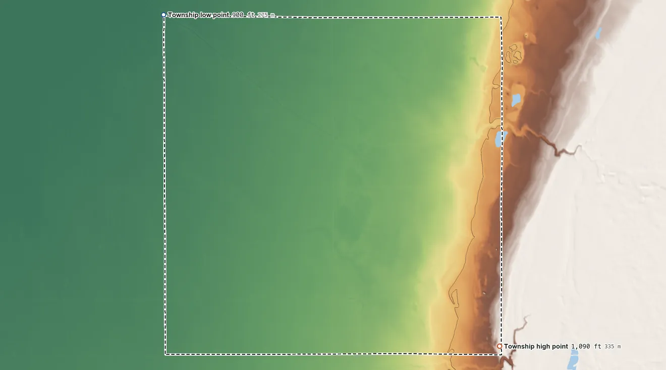 Topographic elevation map of Flowing Township, Minnesota, shaded from 900 ft on the northwest side to 1,090 ft on the southeast side