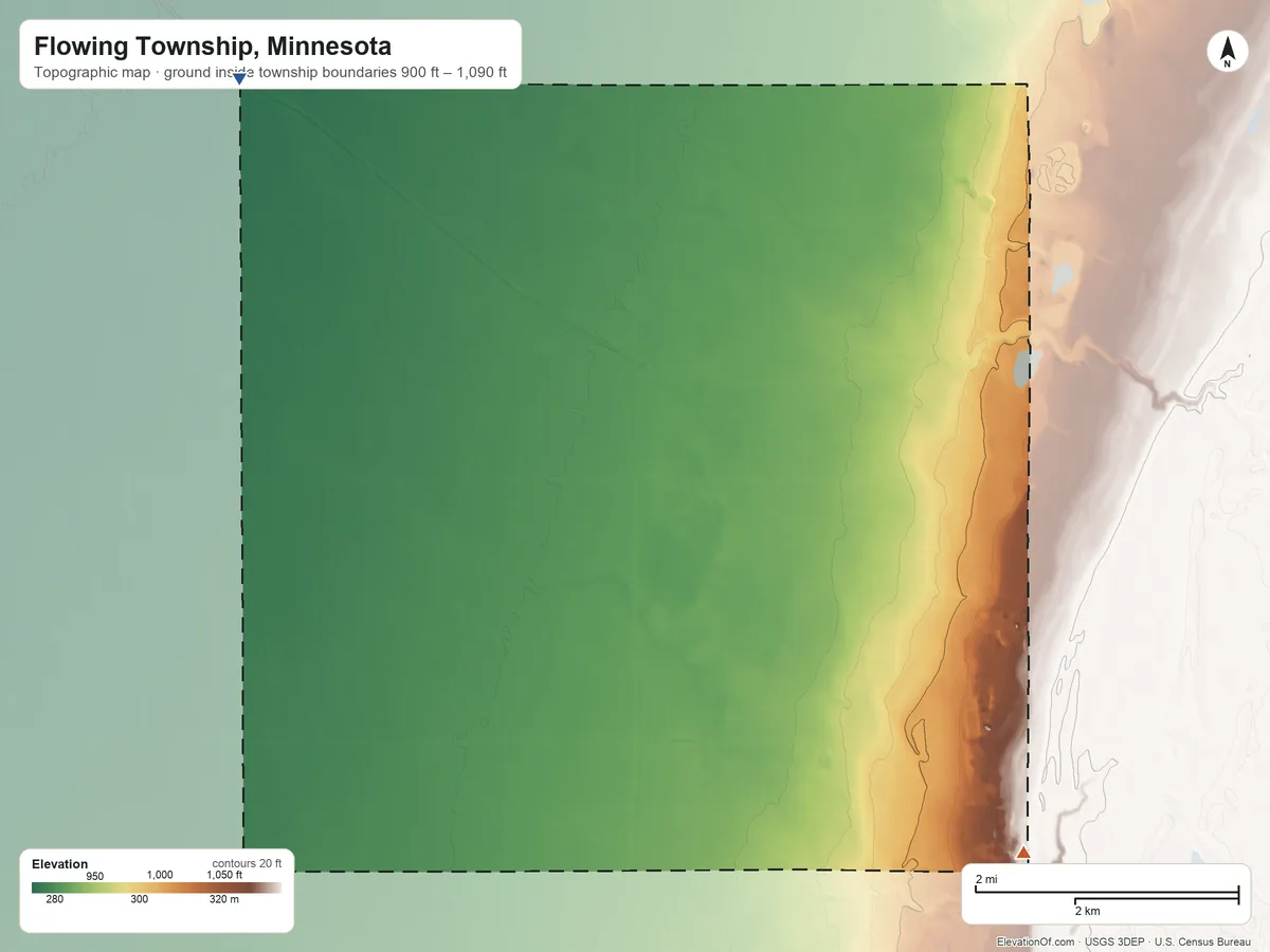 Topographic elevation map of Flowing Township, Minnesota, shaded from 900 ft on the northwest side to 1,090 ft on the southeast side