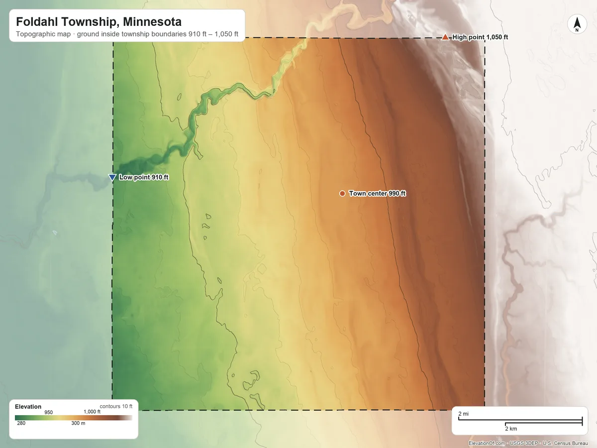Topographic elevation map of Foldahl Township, Minnesota, shaded from 910 ft on the west side to 1,050 ft on the northeast side