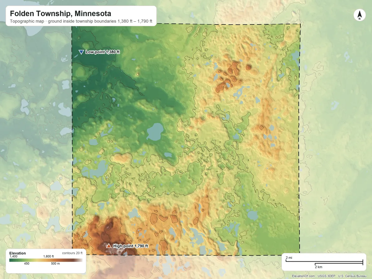 Topographic elevation map of Folden Township, Minnesota, shaded from 1,380 ft on the northwest side to 1,790 ft on the southwest side