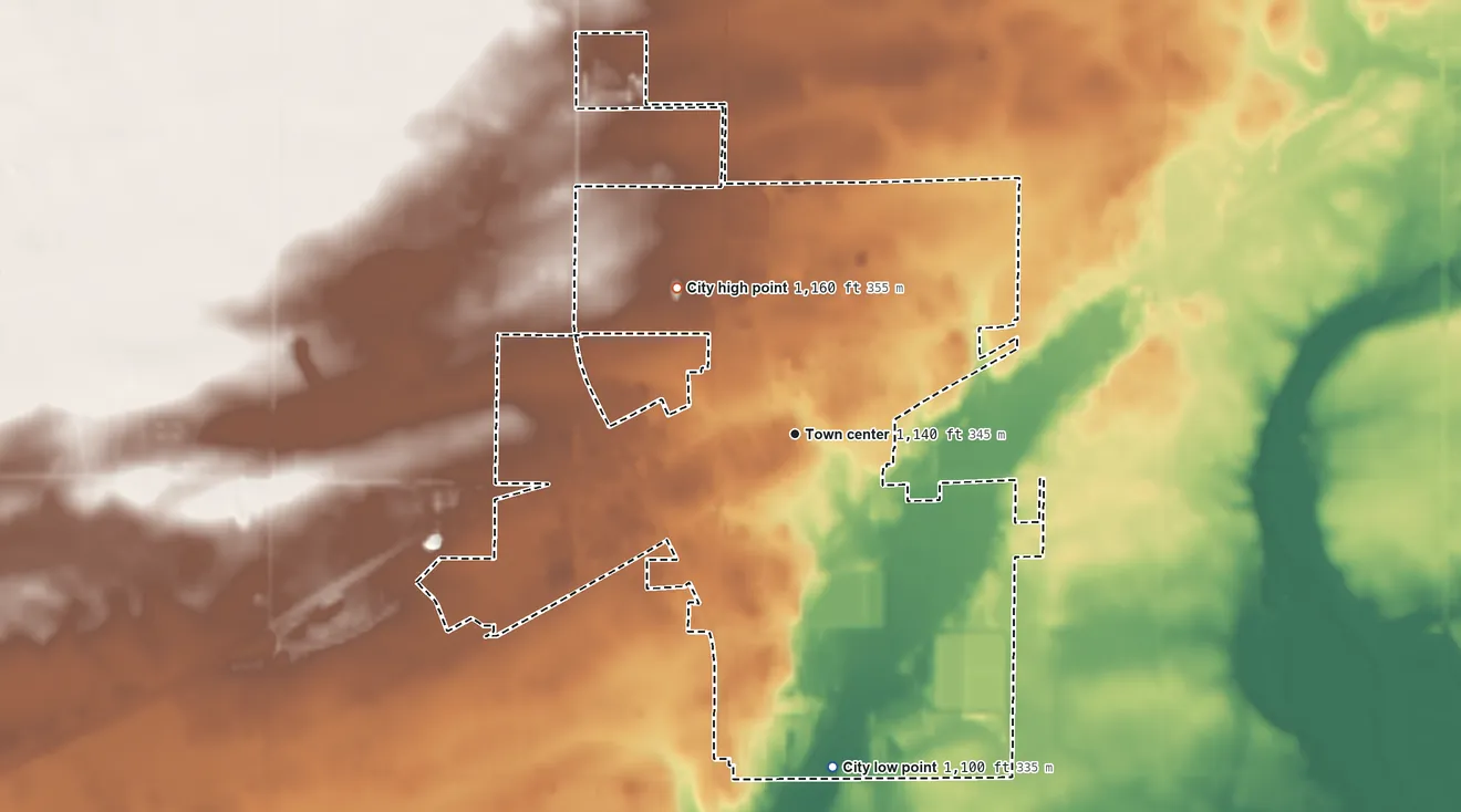 Topographic elevation map of Foley, Minnesota, shaded from 1,100 ft on the south side to 1,160 ft on the northwest side