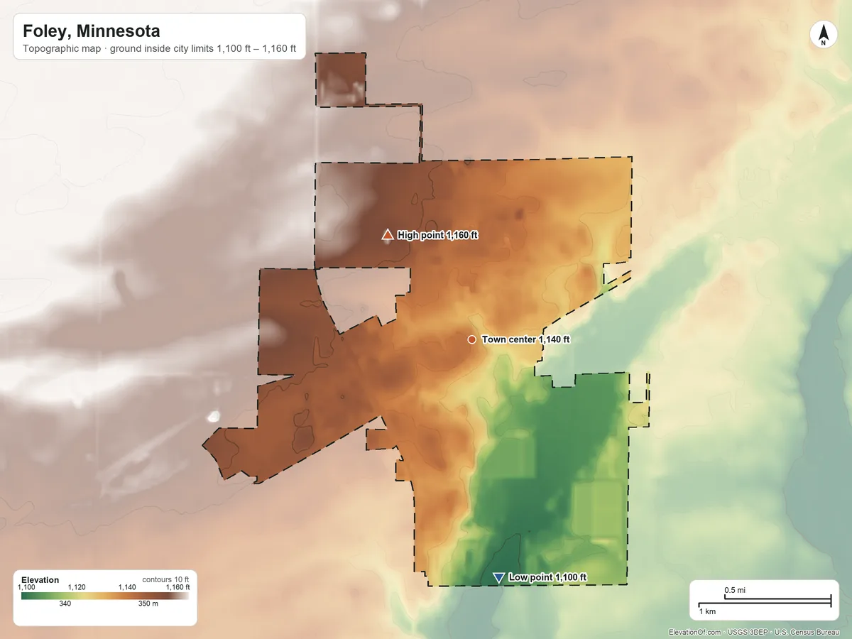 Topographic elevation map of Foley, Minnesota, shaded from 1,100 ft on the south side to 1,160 ft on the northwest side