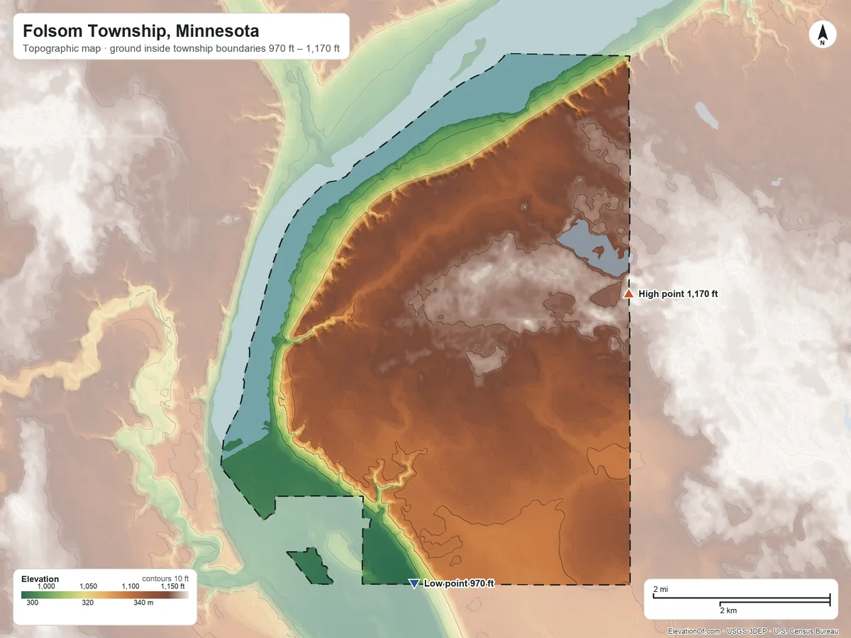 Topographic elevation map of Folsom Township, Minnesota, shaded from 970 ft on the south side to 1,170 ft on the northeast side