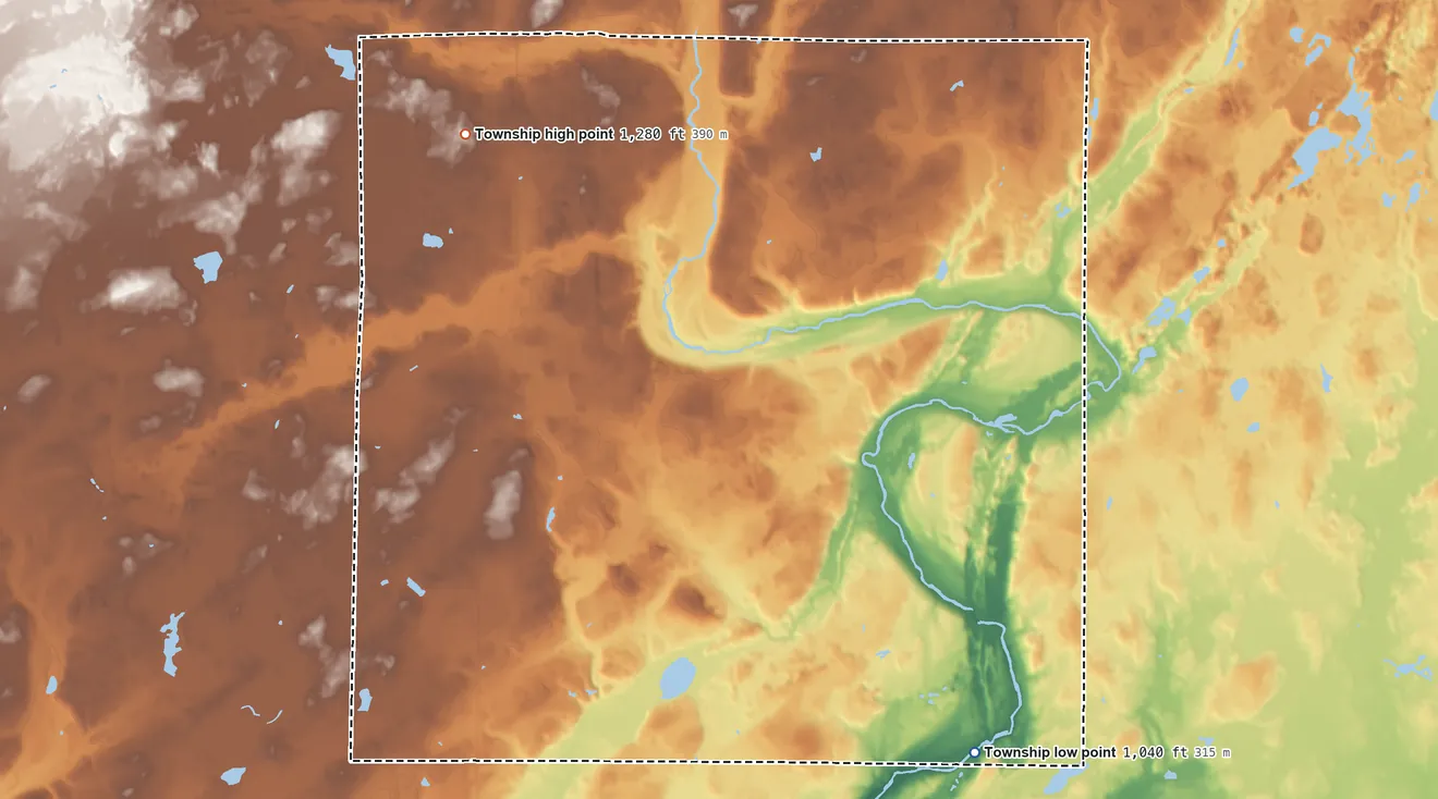 Topographic elevation map of Ford Township, Minnesota, shaded from 1,040 ft on the southeast side to 1,280 ft on the northwest side