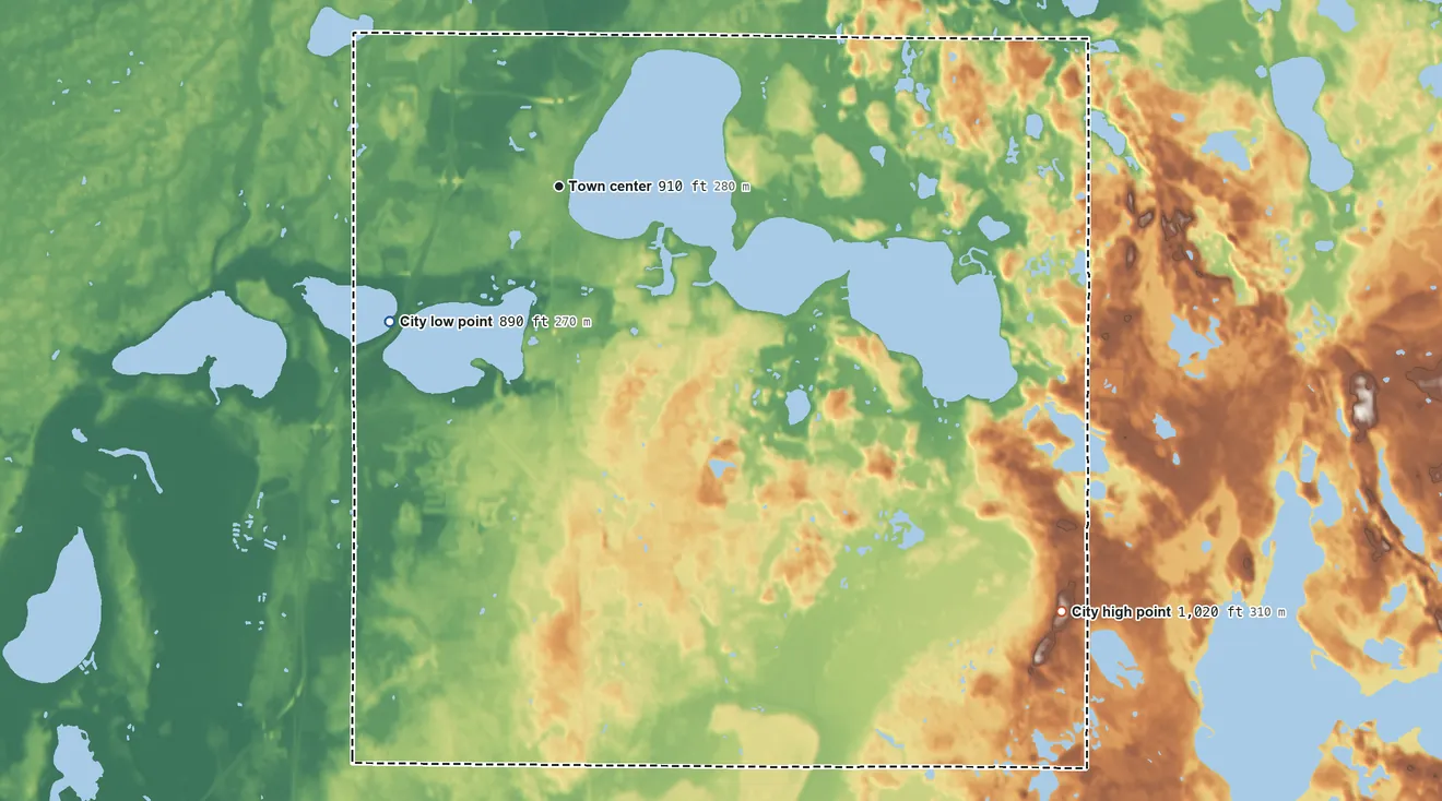 Topographic elevation map of Forest Lake, Minnesota, shaded from 890 ft on the southwest side to 1,020 ft on the southeast side