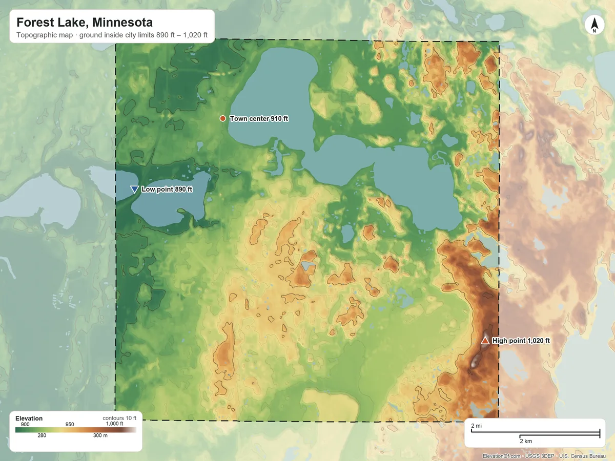 Topographic elevation map of Forest Lake, Minnesota, shaded from 890 ft on the southwest side to 1,020 ft on the southeast side