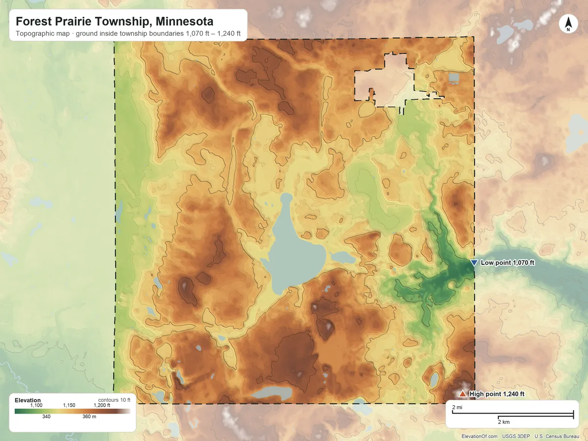 Topographic elevation map of Forest Prairie Township, Minnesota, shaded from 1,070 ft on the east side to 1,240 ft on the southeast side