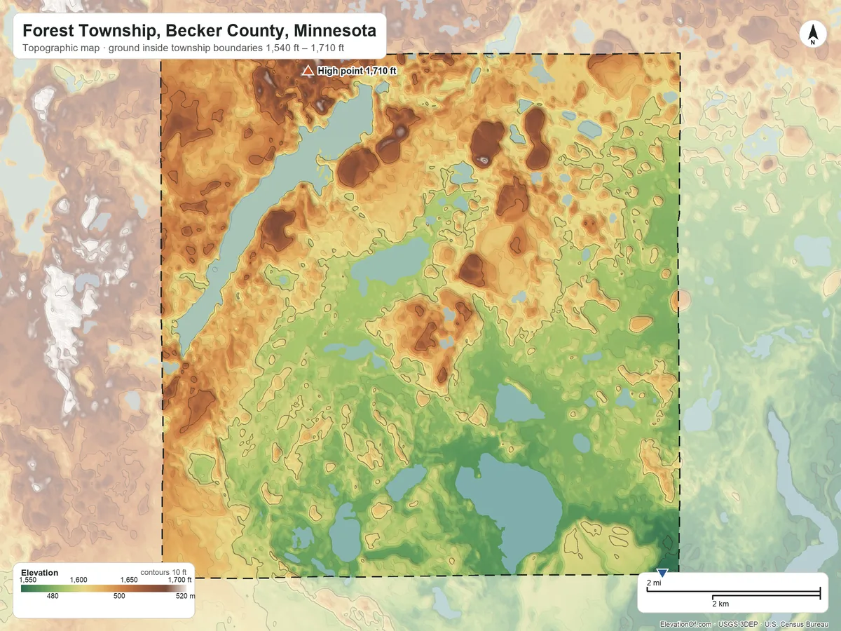 Topographic elevation map of Forest Township, Becker County, Minnesota, shaded from 1,540 ft on the southeast side to 1,710 ft on the north side