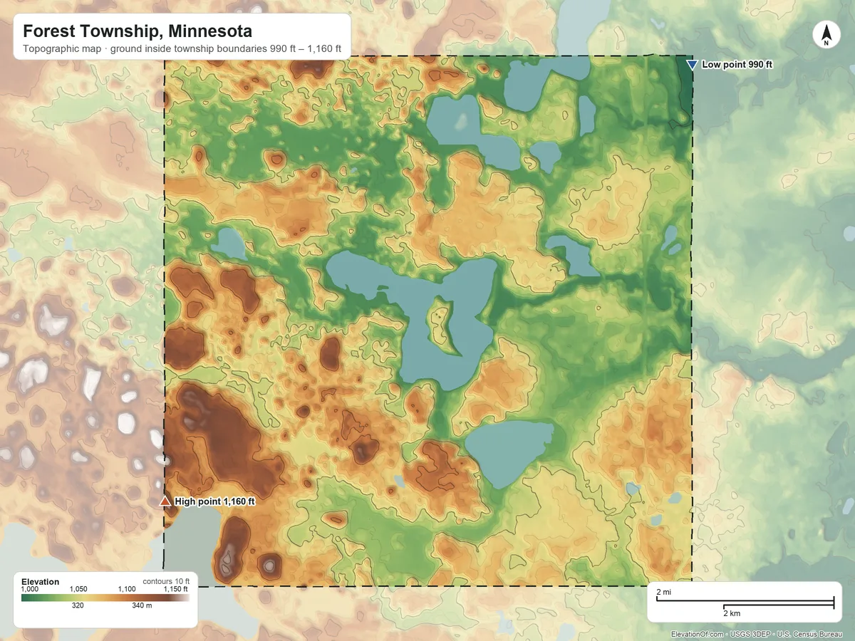 Topographic elevation map of Forest Township, Minnesota, shaded from 990 ft on the northeast side to 1,160 ft on the southwest side